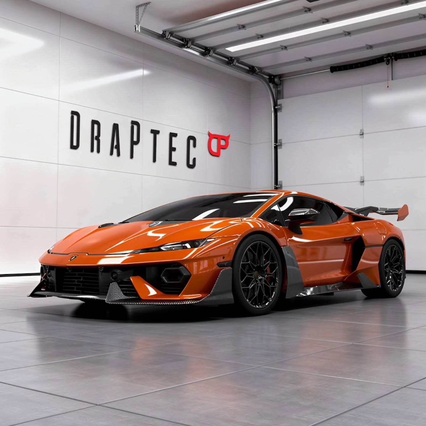 DraPtec Lamborghini Temerario Aero Package in orange, front three-quarter view