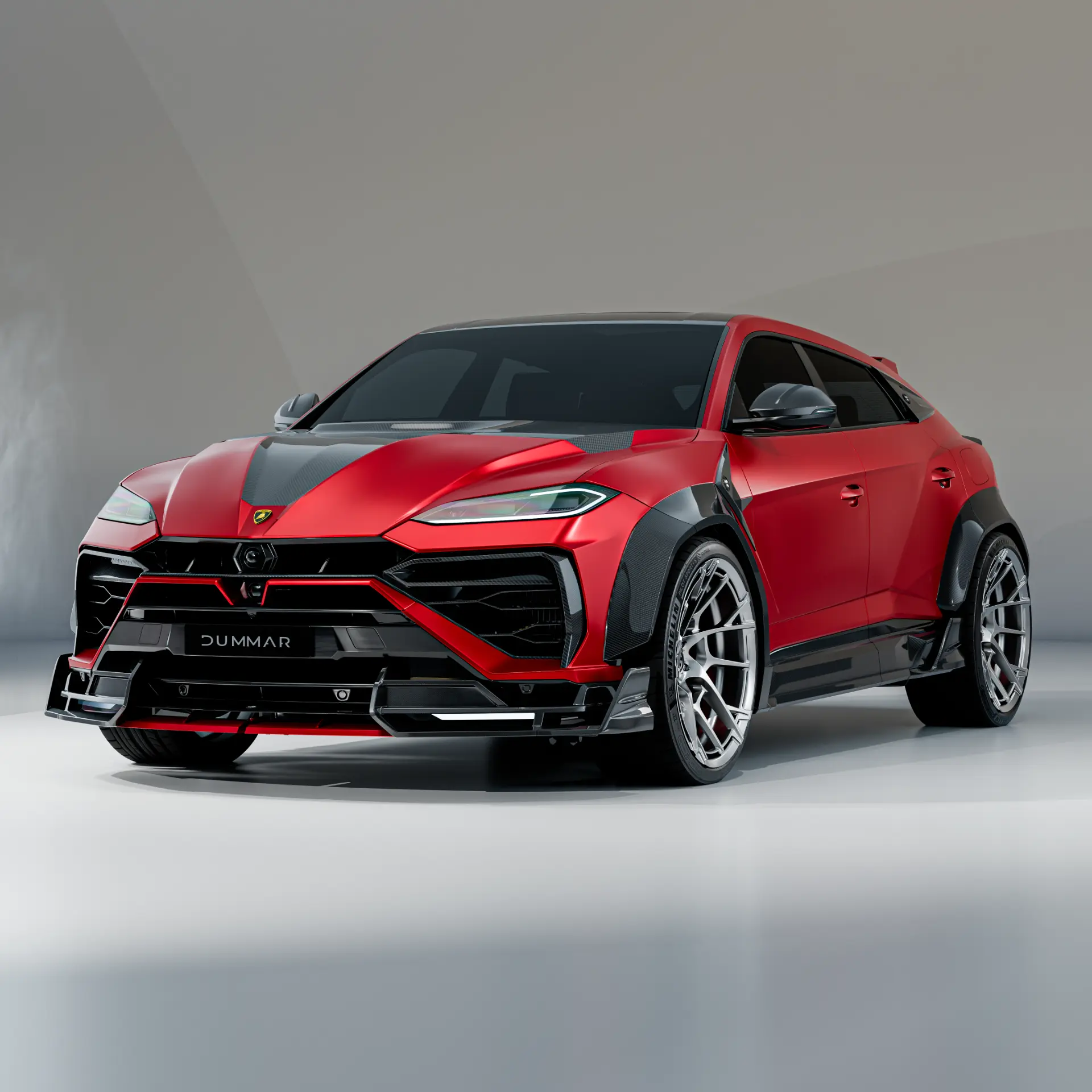 Dummar Exclusive carbon fibre widebody package on a red Lamborghini Urus, front view