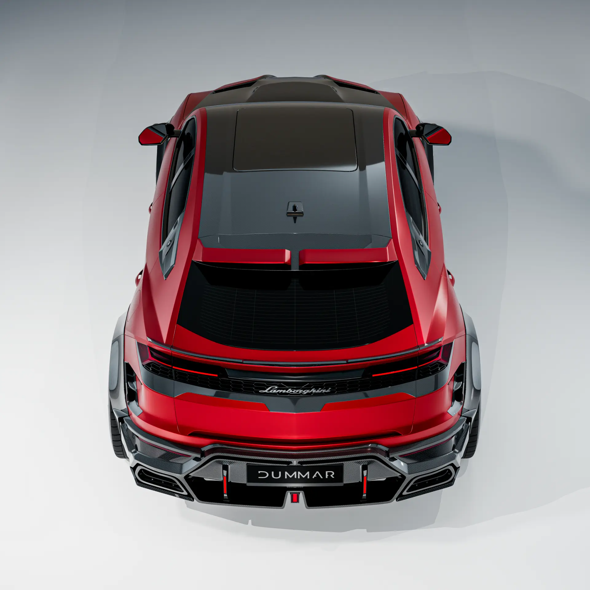 Dummar Exclusive carbon fibre widebody package on a red Lamborghini Urus, overhead view