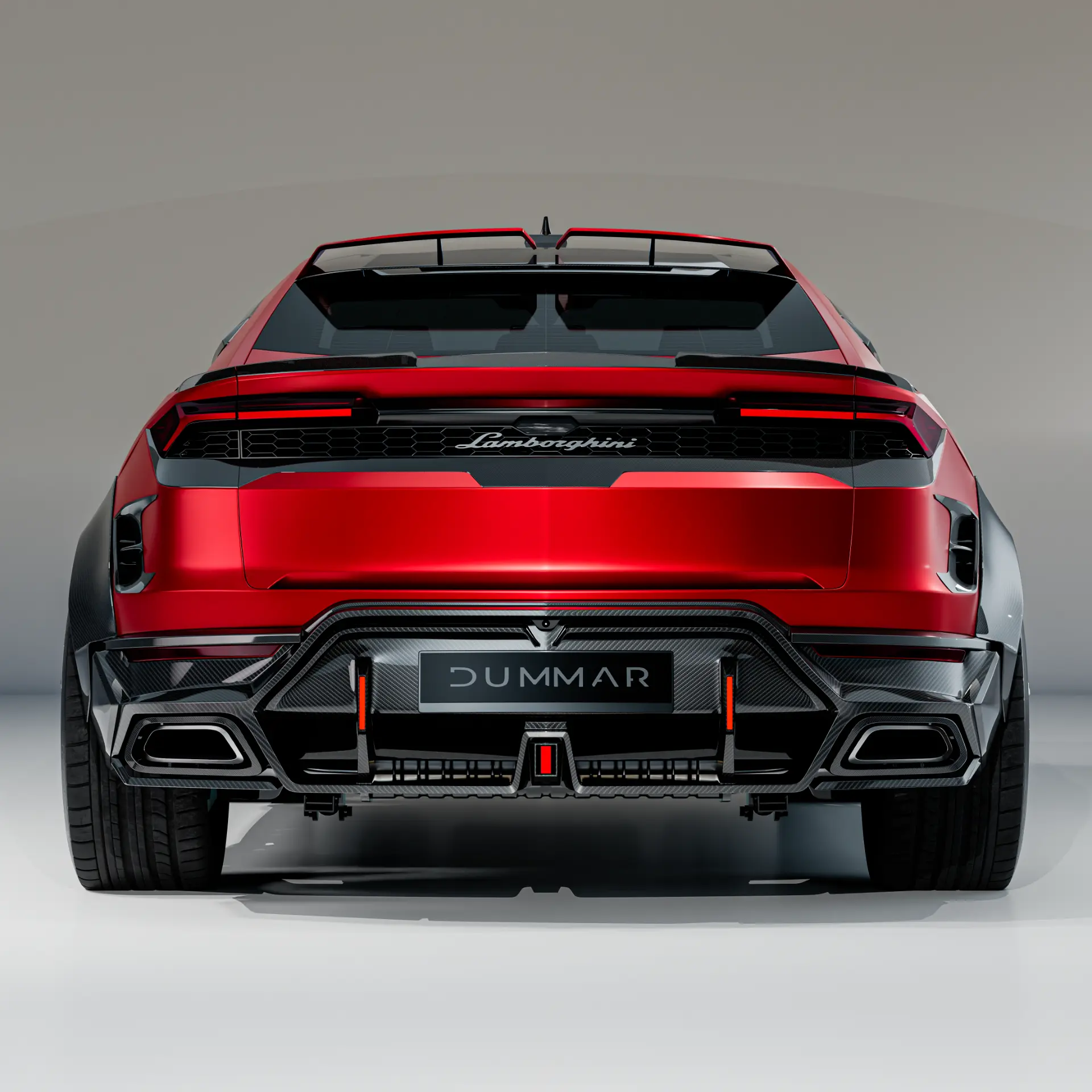 Dummar Exclusive carbon fibre widebody package on a red Lamborghini Urus, rear view