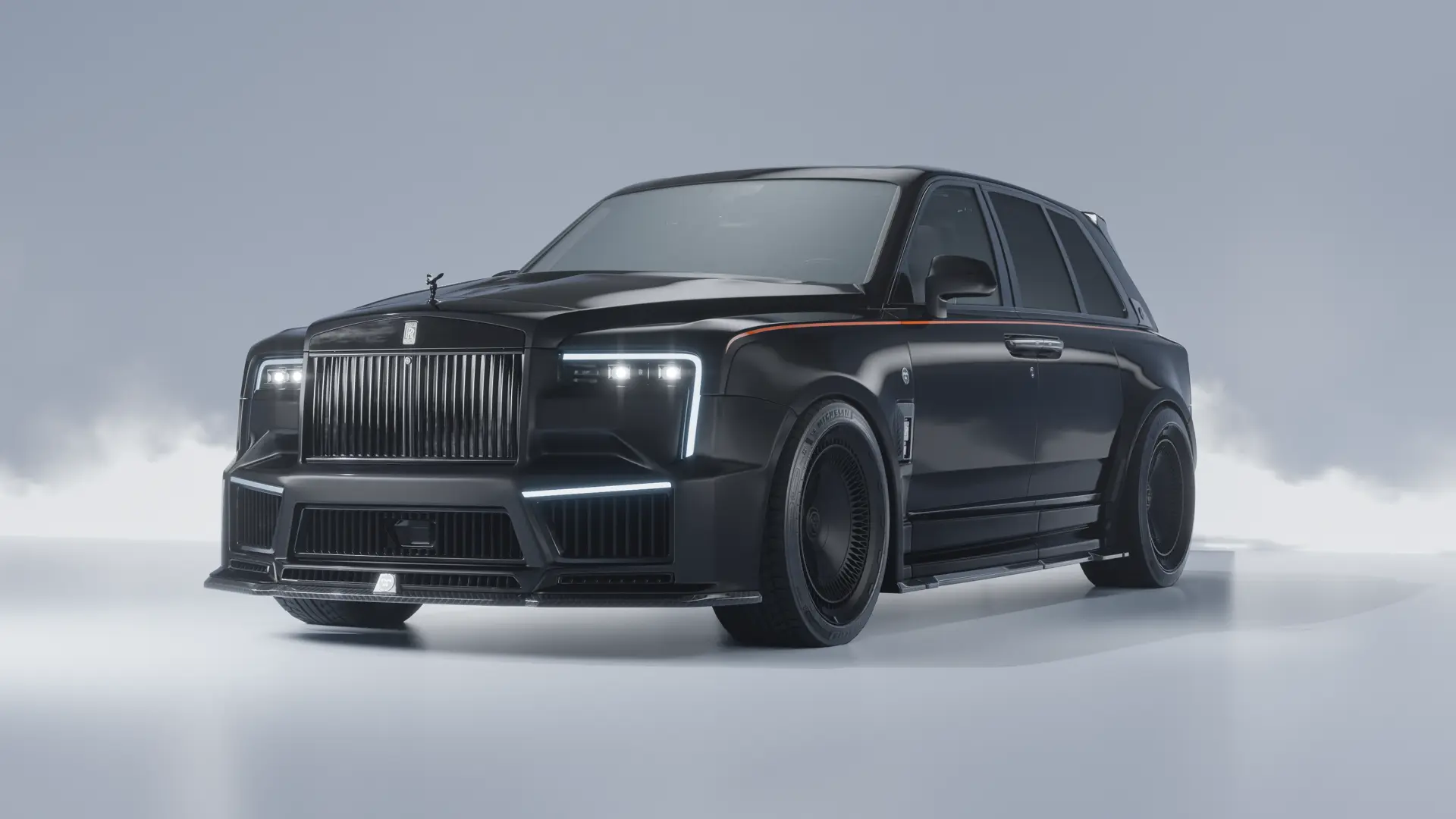 Black Rolls-Royce Cullinan with Dummar Exclusive exterior styling, front three-quarter view