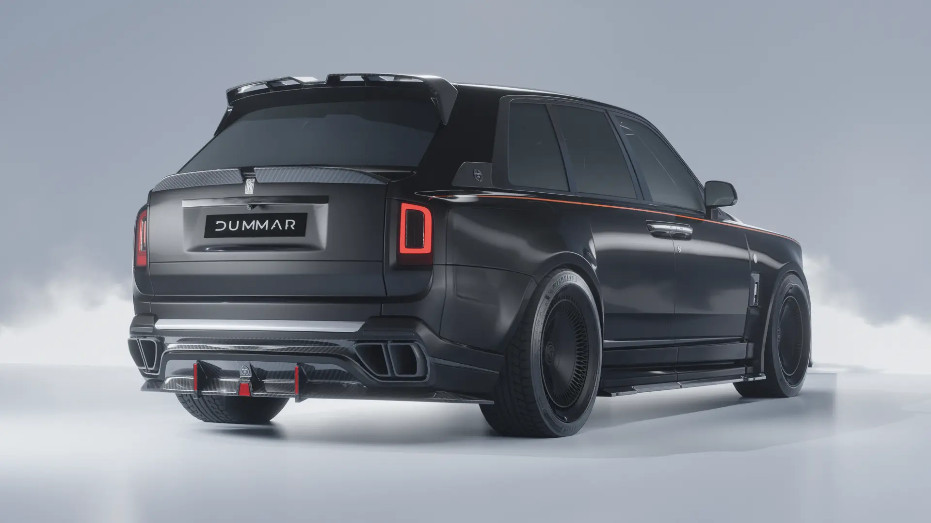 Black Rolls-Royce Cullinan with Dummar Exclusive carbon fibre rear styling, rear three-quarter view