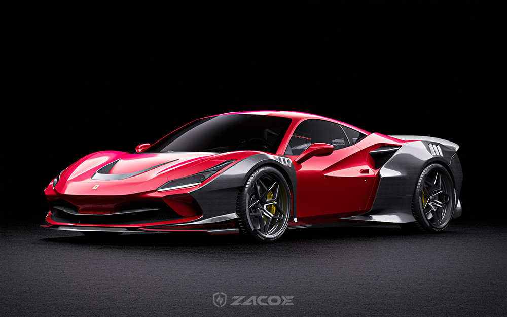 ZACOE carbon fibre body kit on a red Ferrari 296 GTB, front three-quarter view