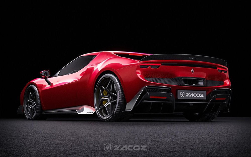 ZACOE carbon fibre body kit on a red Ferrari 296 GTB, rear three-quarter view