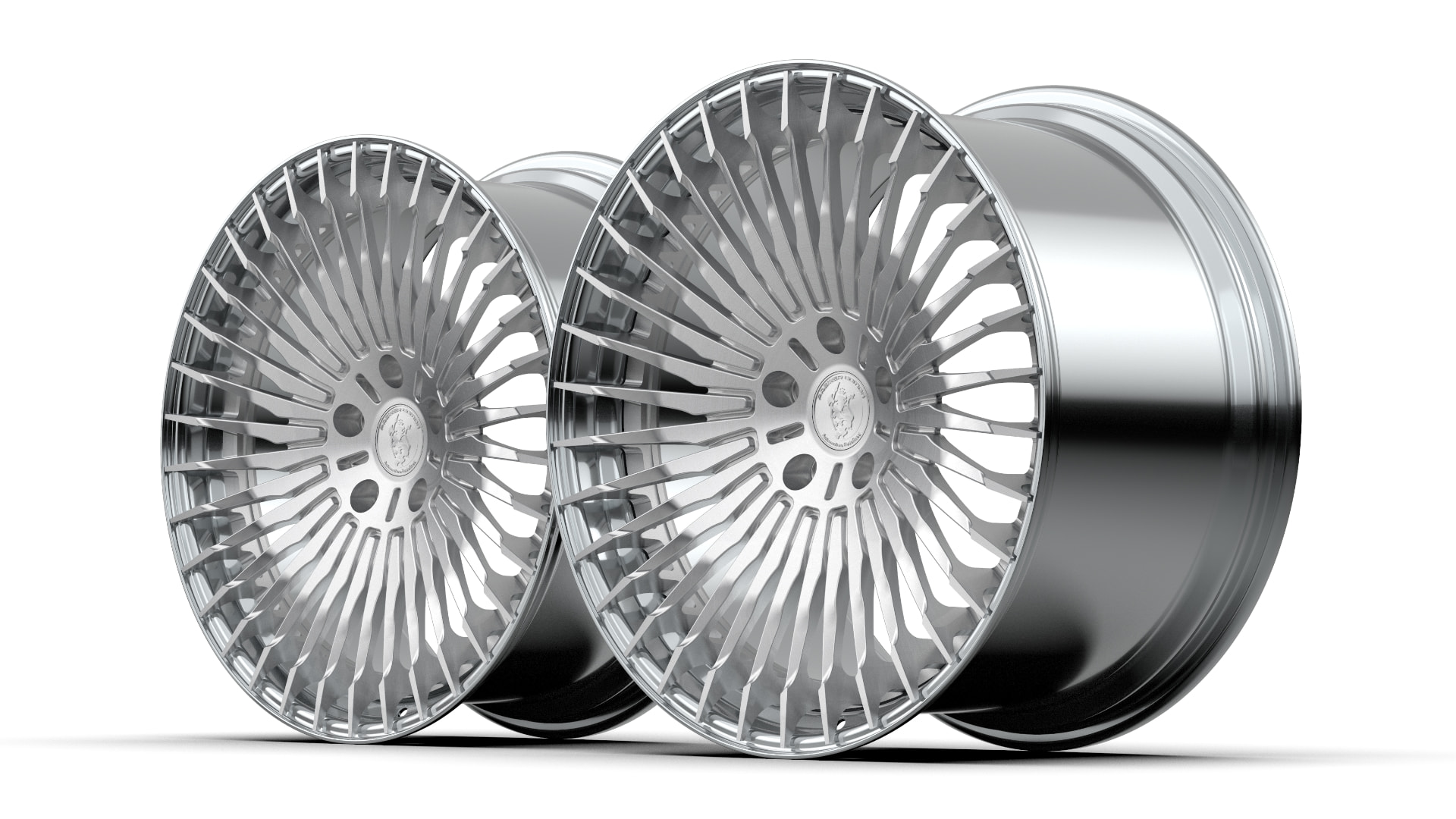 Pair of polished Premier Edition multi-spoke forged wheels on a white background