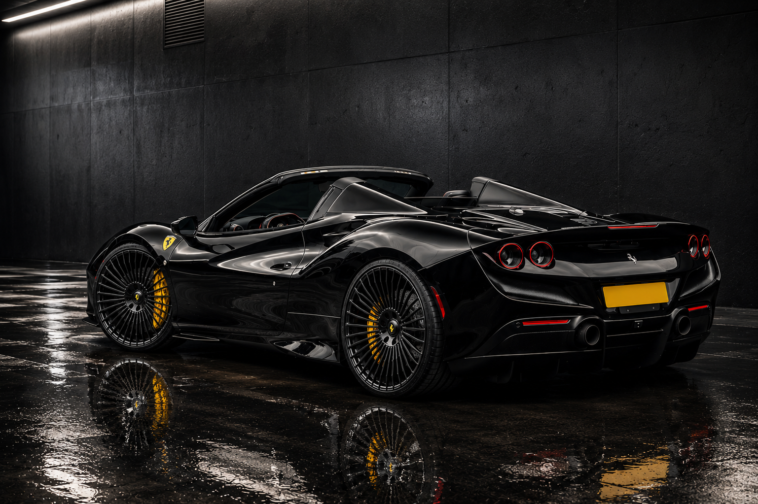Black Ferrari F8 Spider on multi-spoke black forged wheels with yellow brake calipers in a dark studio
