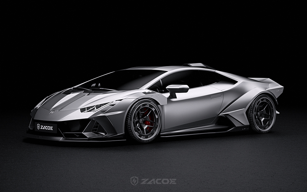 Silver Lamborghini Huracán EVO with a Zacoe carbon fibre widebody aero kit on a dark backdrop