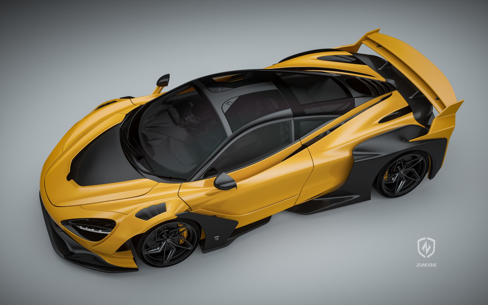 Yellow McLaren 720S with Zacoe carbon fibre body kit and large rear wing on black forged wheels