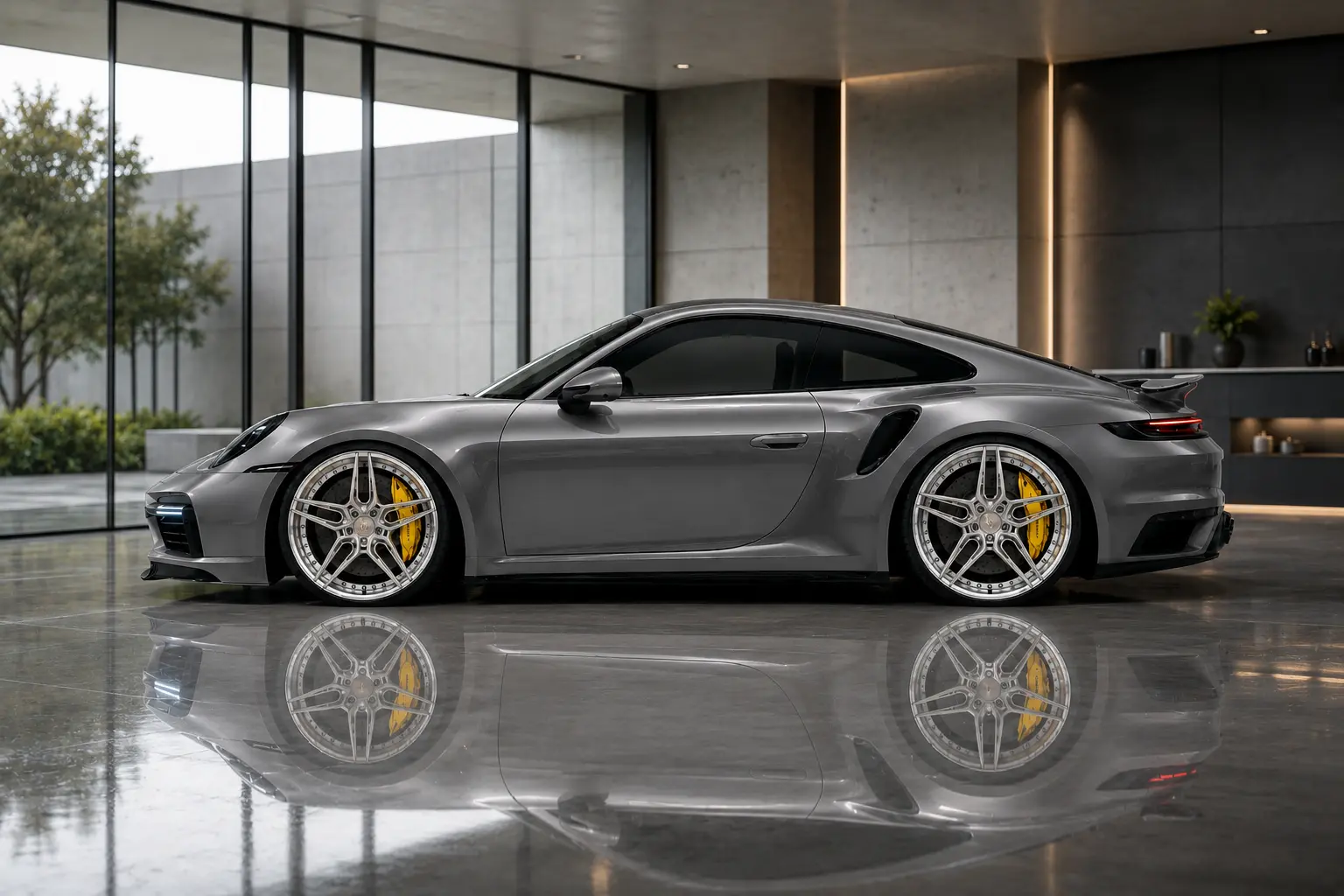 Grey Porsche 911 Turbo S profile view on polished two-piece forged wheels with yellow calipers