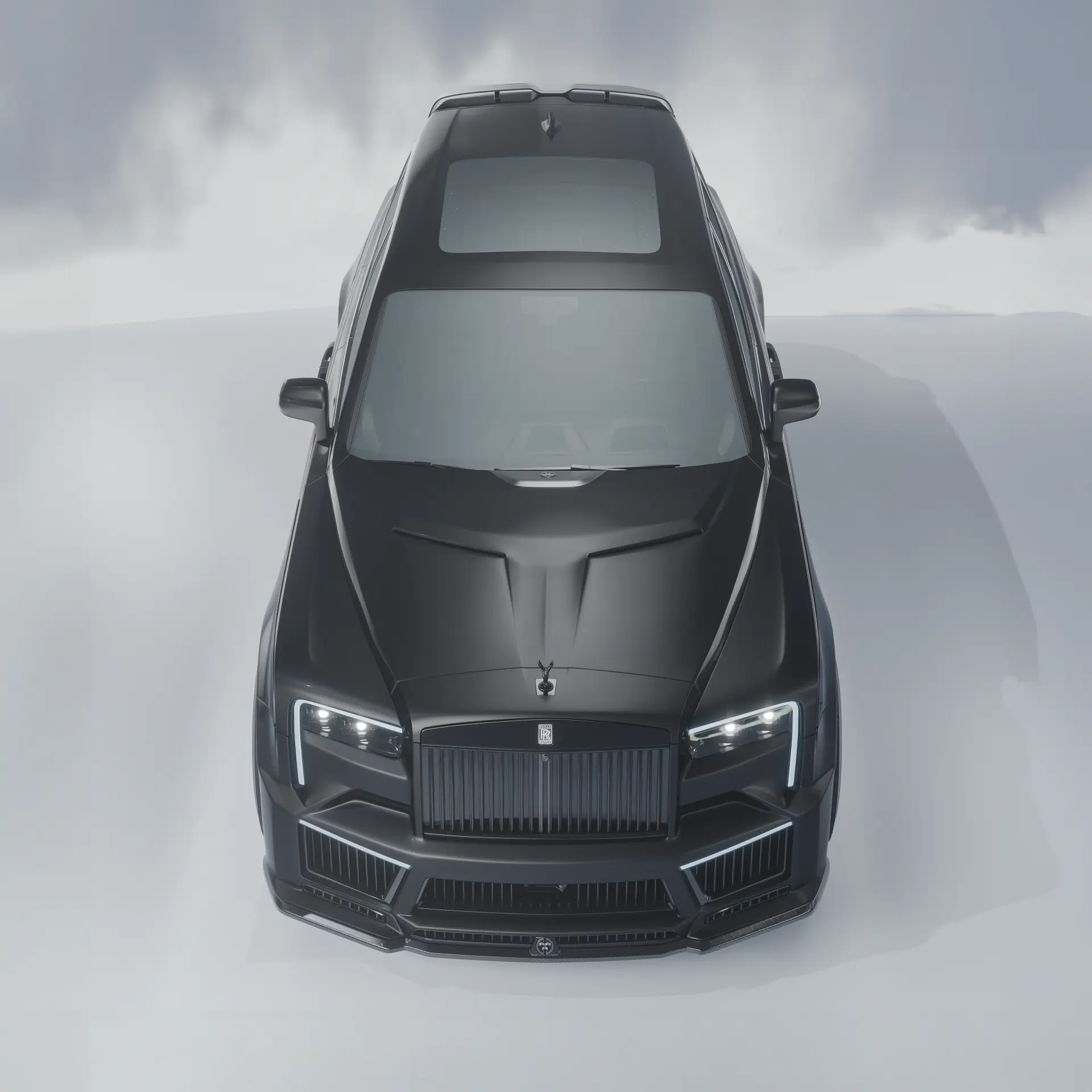 Satin black Rolls-Royce Cullinan from above with a bespoke widebody bonnet and front bumper conversion